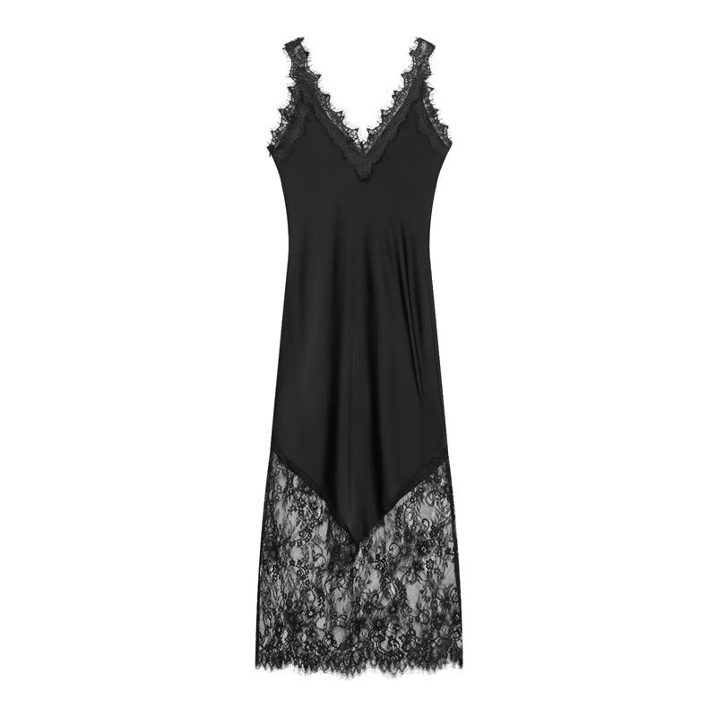 Satin-Kleid mit Spitzenbesatz und asymmetrischem Saum – Bild 7 | LuxeStyle