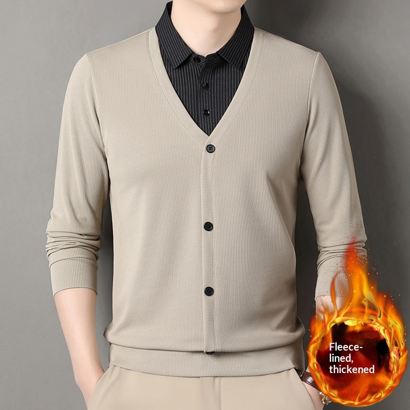 Fleece-gefülltes Langarm-Strickshirt mit Kragen – Bild 6 | LuxeStyle