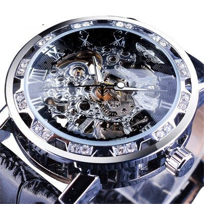 Mechanische Armbanduhr mit Strass und Lederband – Bild 5 | LuxeStyle