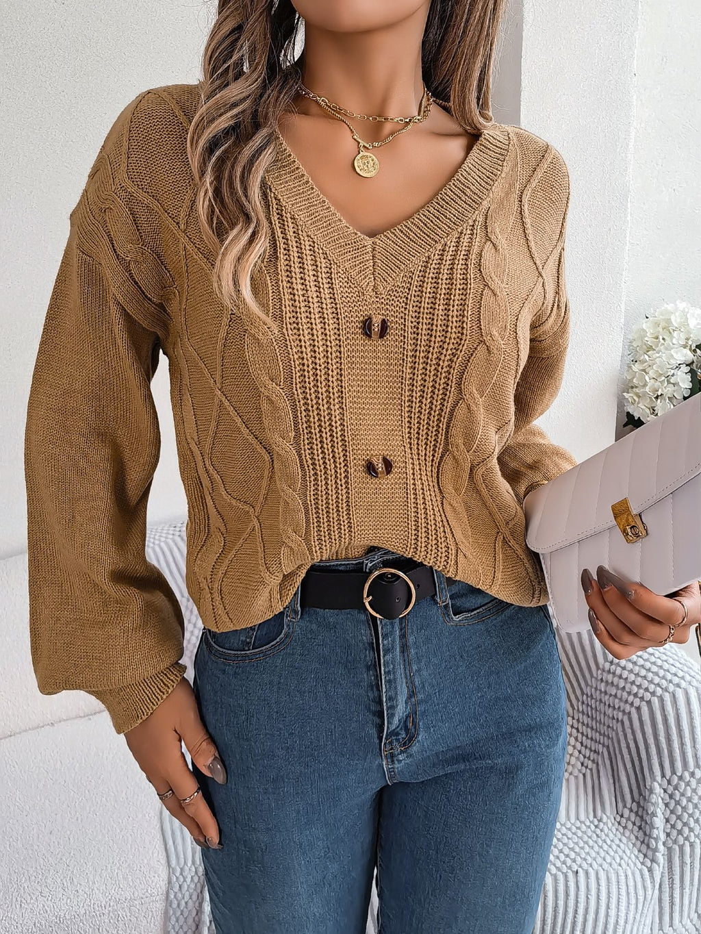 V-Ausschnitt Strickpullover mit Ballonärmeln – Ansicht 5