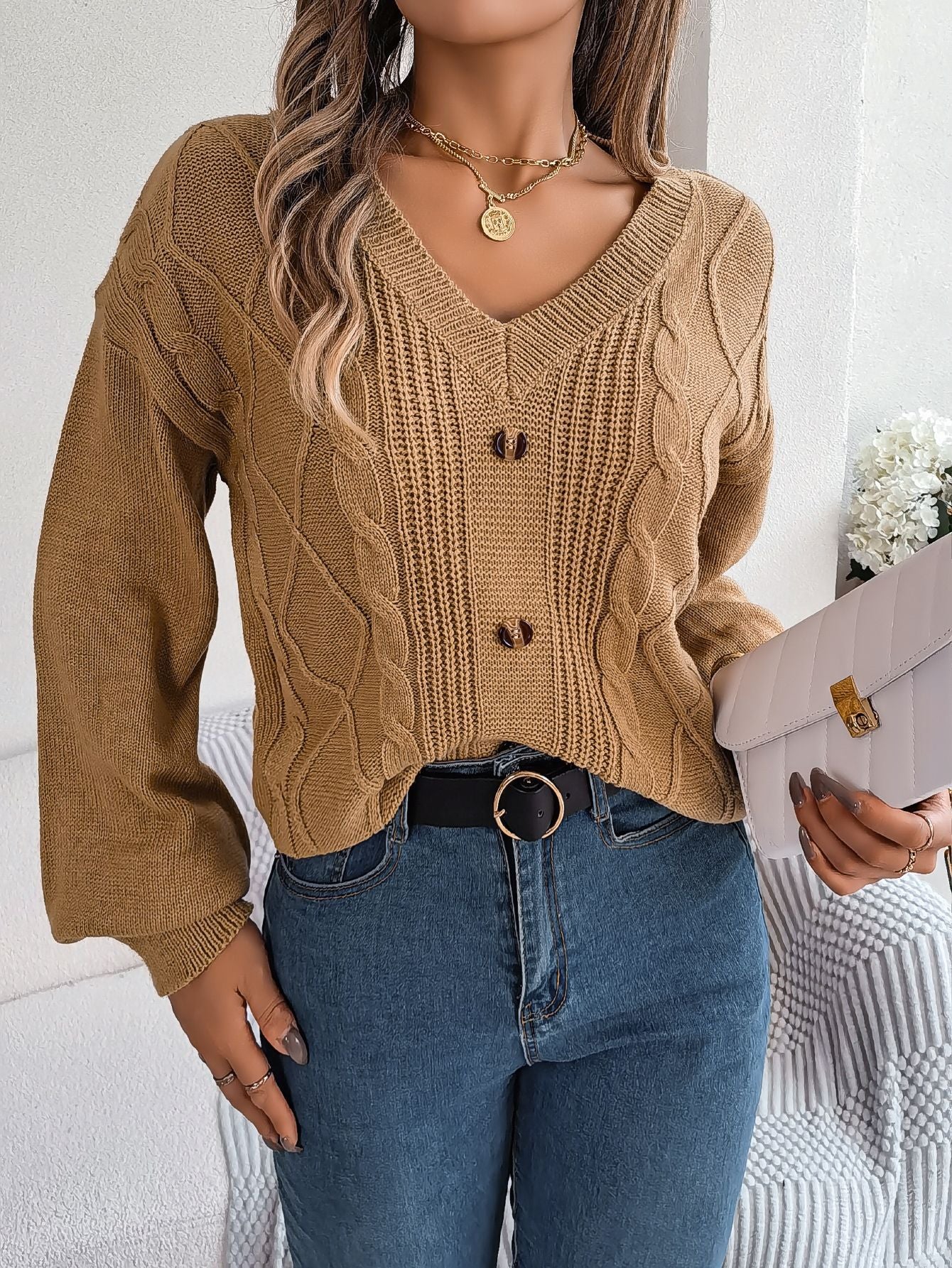 V-Ausschnitt Strickpullover mit Ballonärmeln – Ansicht 5