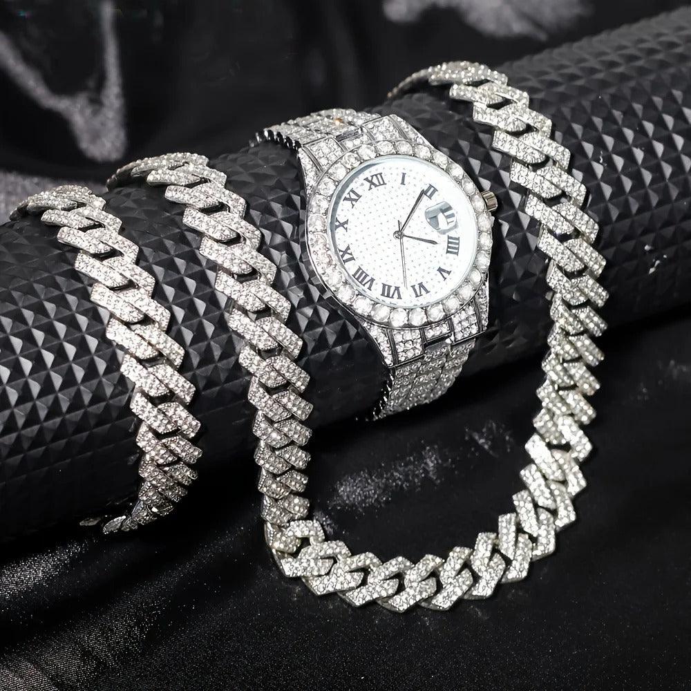 Hip-Hop Uhren-, Armband- & Halsketten-Set