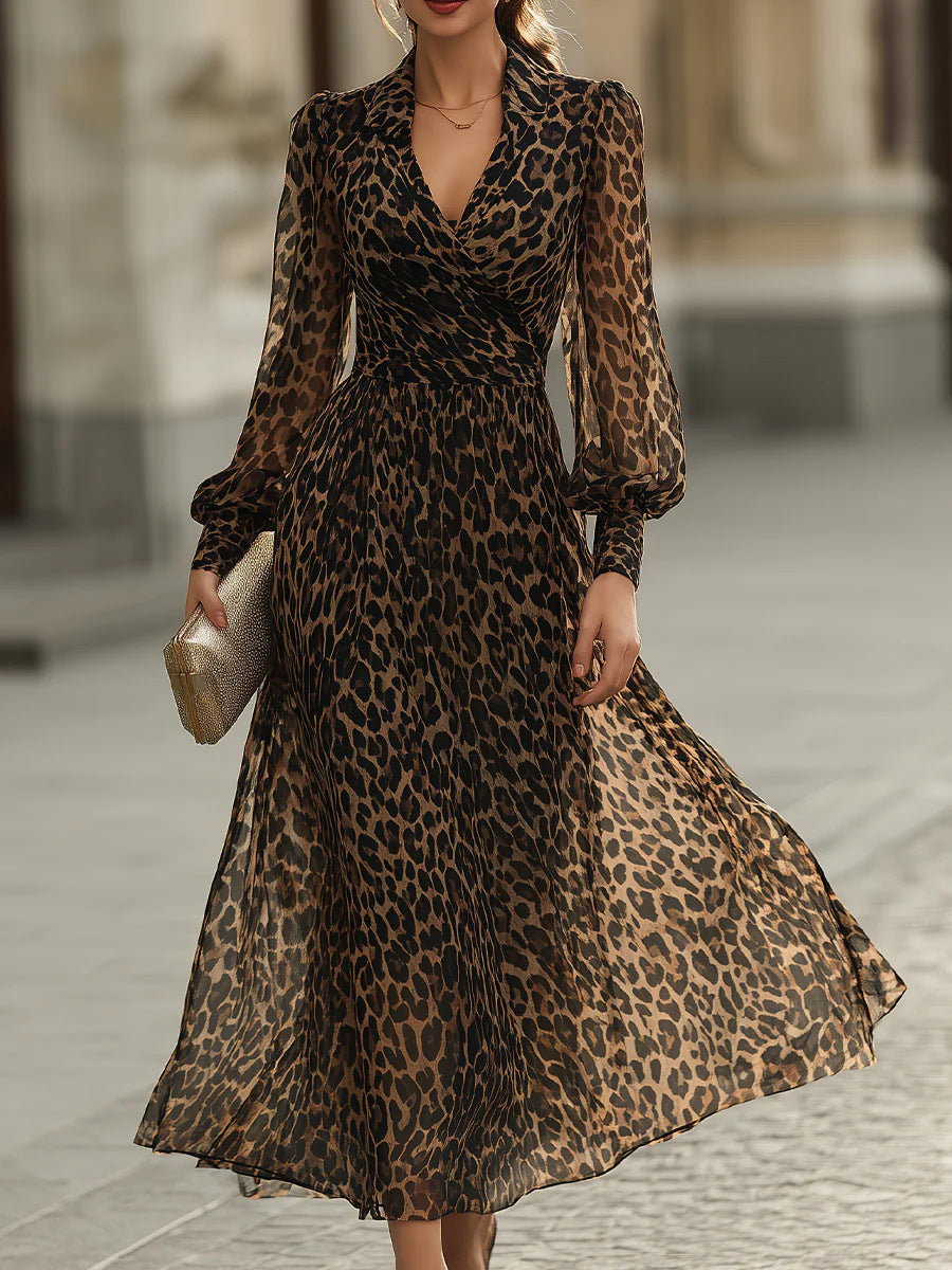Langes V-Neck Kleid mit Leoparden-Print – Bild 6 | LuxeStyle