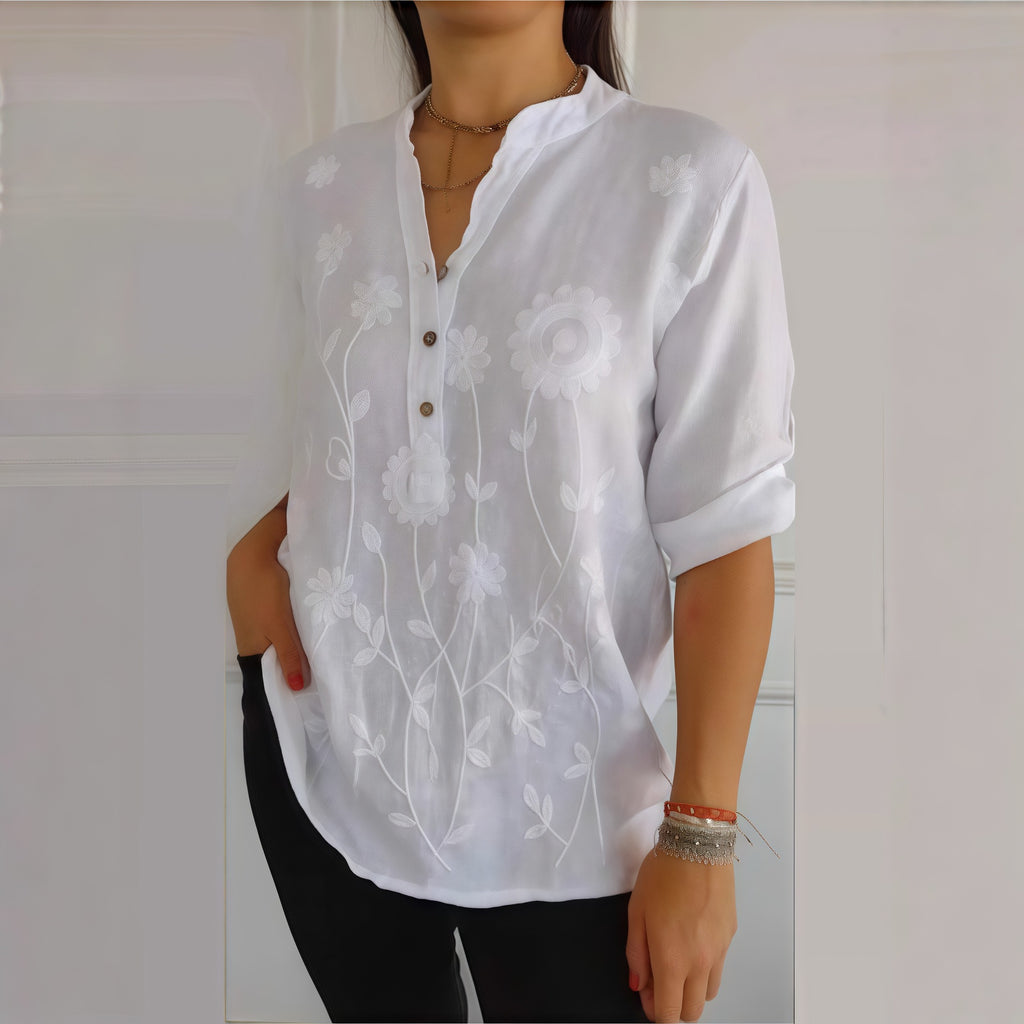 Damen Langarmshirt mit V-Ausschnitt und Stickerei | LuxeStyle