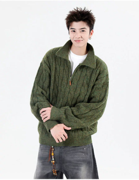 Retro Half-Zip Pullover mit Fischgratmuster