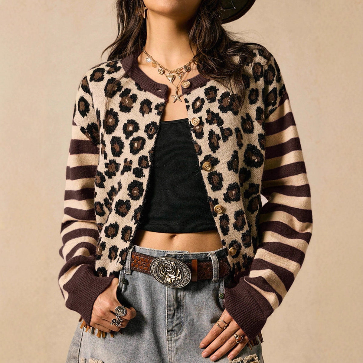 Gestreiftes Top & Cardigan mit Leopardenmuster – Bild 3 | LuxeStyle