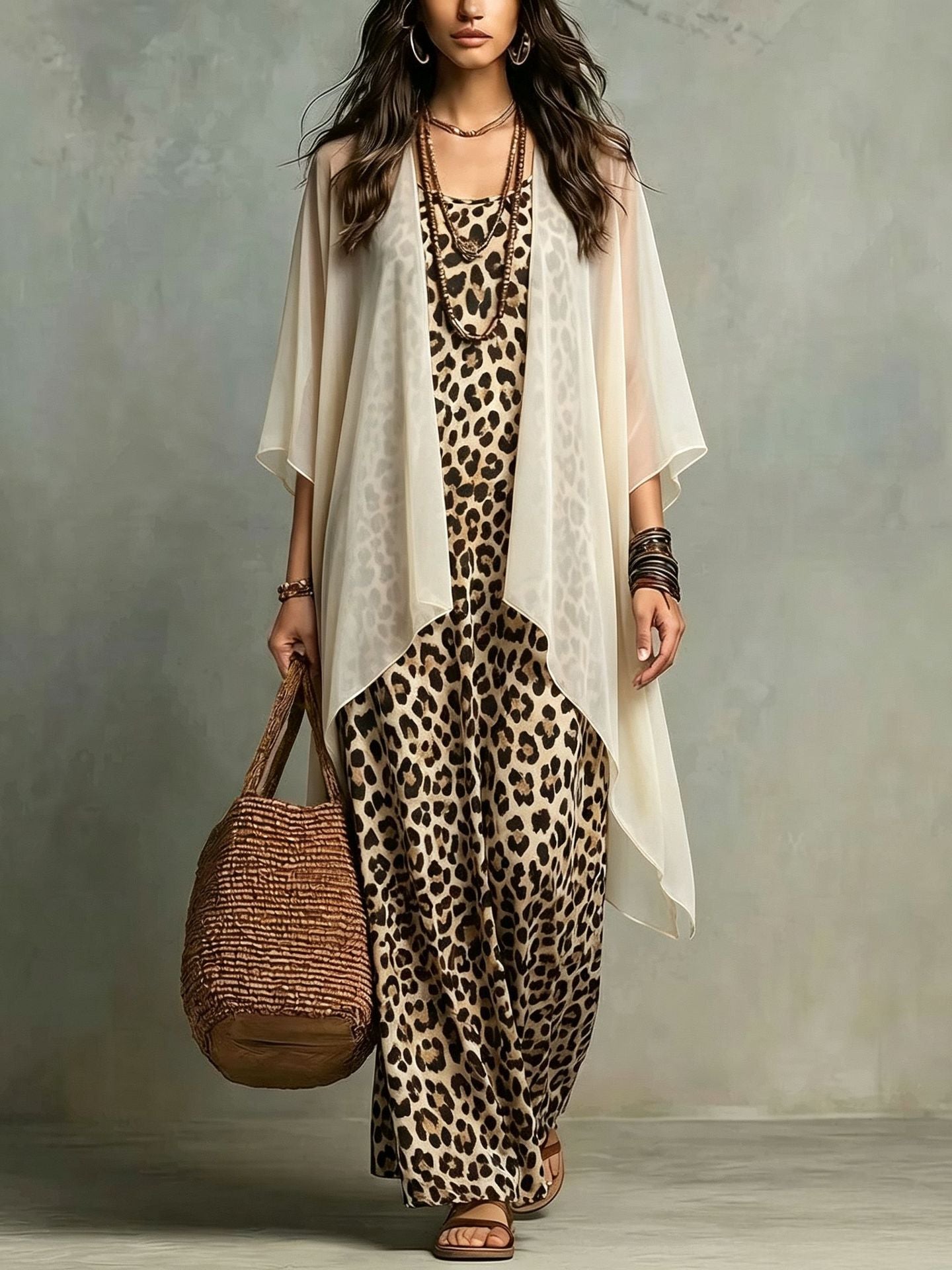 Leoparden-Print Trägerkleid Zweiteiler
