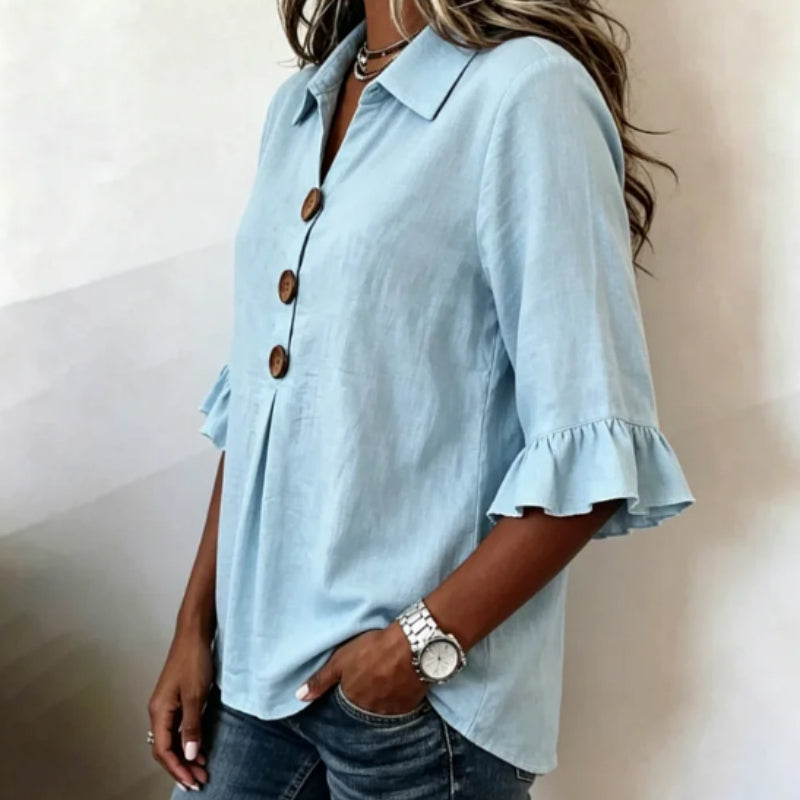 Hellblaue Bluse mit Rüschenmanschetten – Bild 3 | LuxeStyle