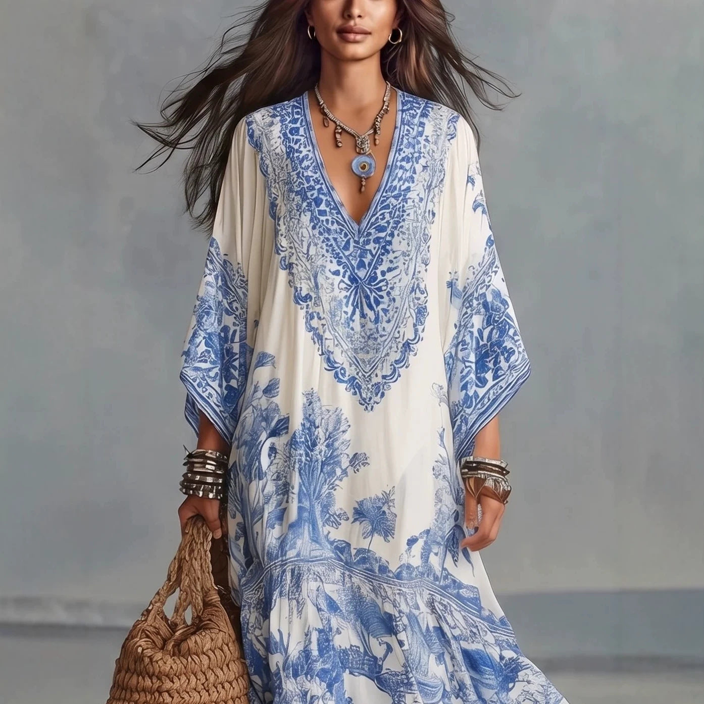 Boho Maxi-Kleid mit V-Ausschnitt und Fledermausärmeln