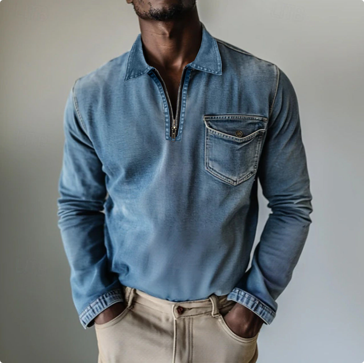 Herren Denim Langarmshirt mit halbem Reissverschluss