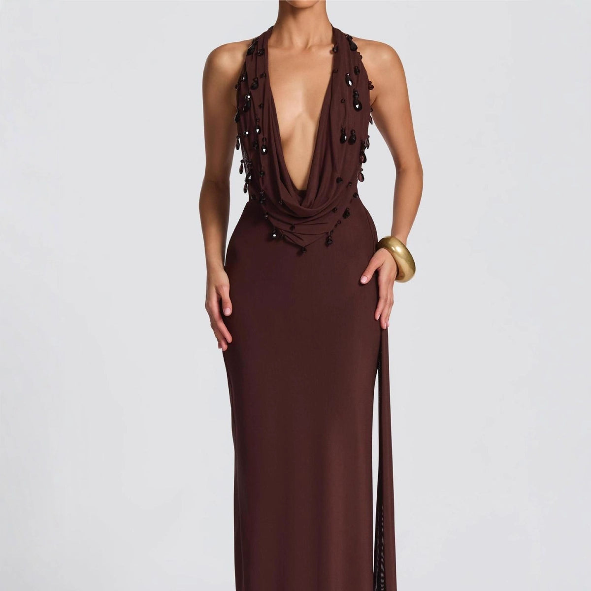 Kleid mit V-Ausschnitt und Rüschenschlitz – Bild 5 | LuxeStyle