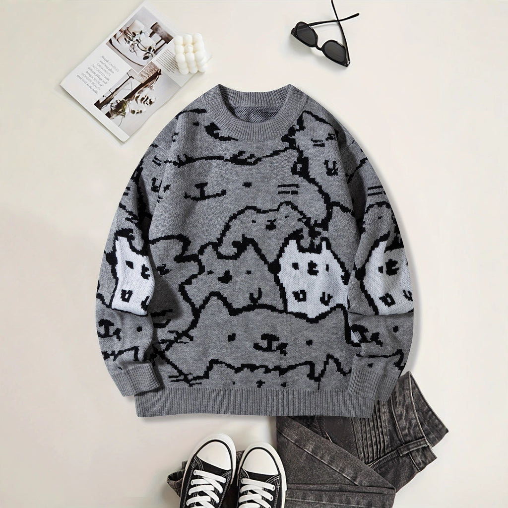 Herren Knit Sweater mit niedlichem Katzenprint