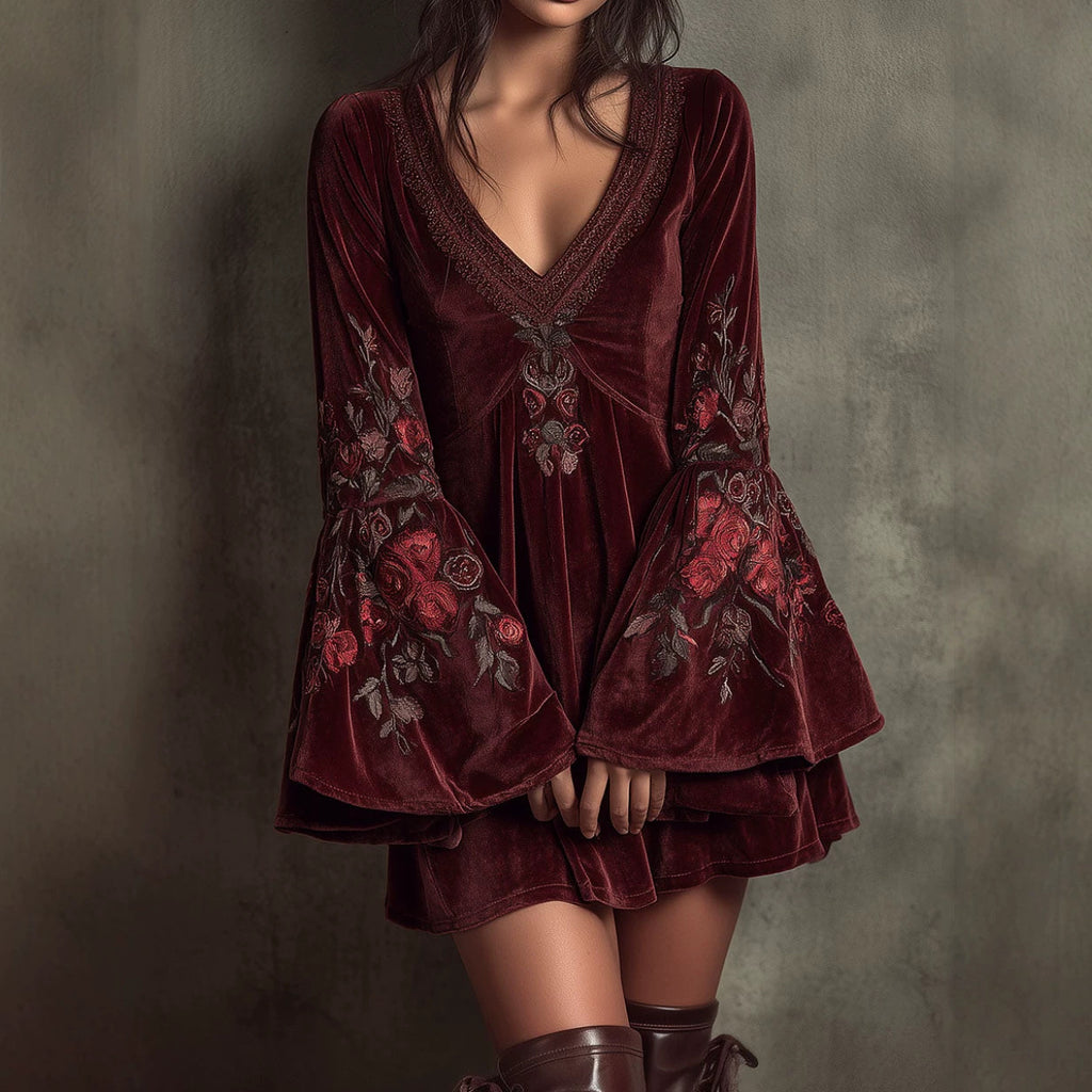 Burgunderrotes Samtkleid mit weiten Ärmeln – Bild 2 | LuxeStyle