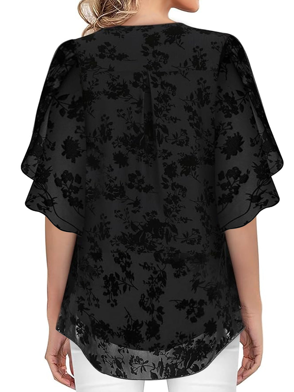 V-Neck Mesh Top mit 3/4-Ärmeln und Taillenschnürung