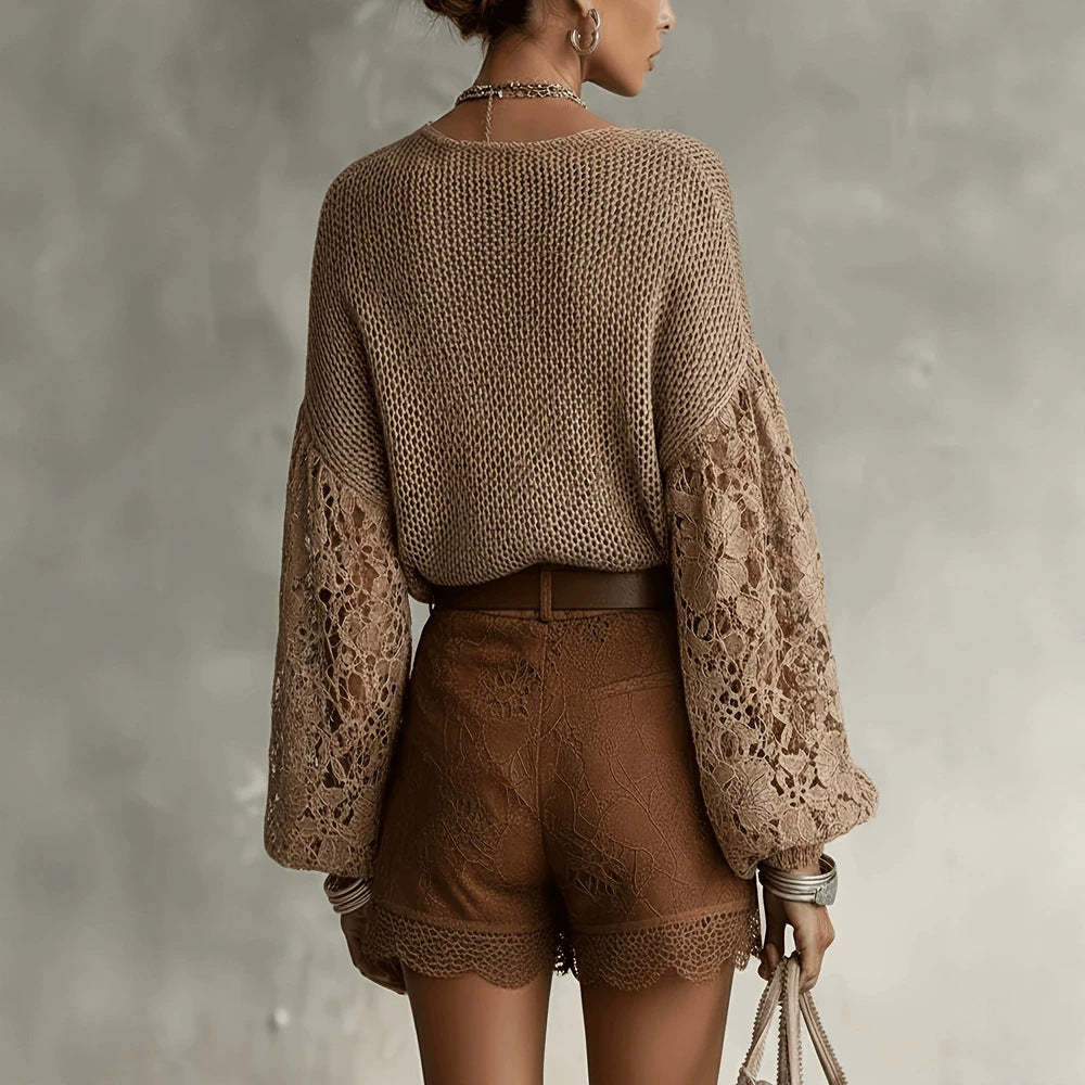 Eleganter Strickpullover mit Spitzen-Puffärmeln