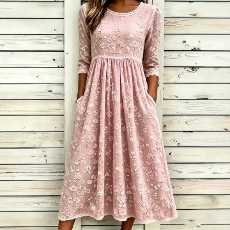 Besticktes Midikleid mit Rundhalsausschnitt