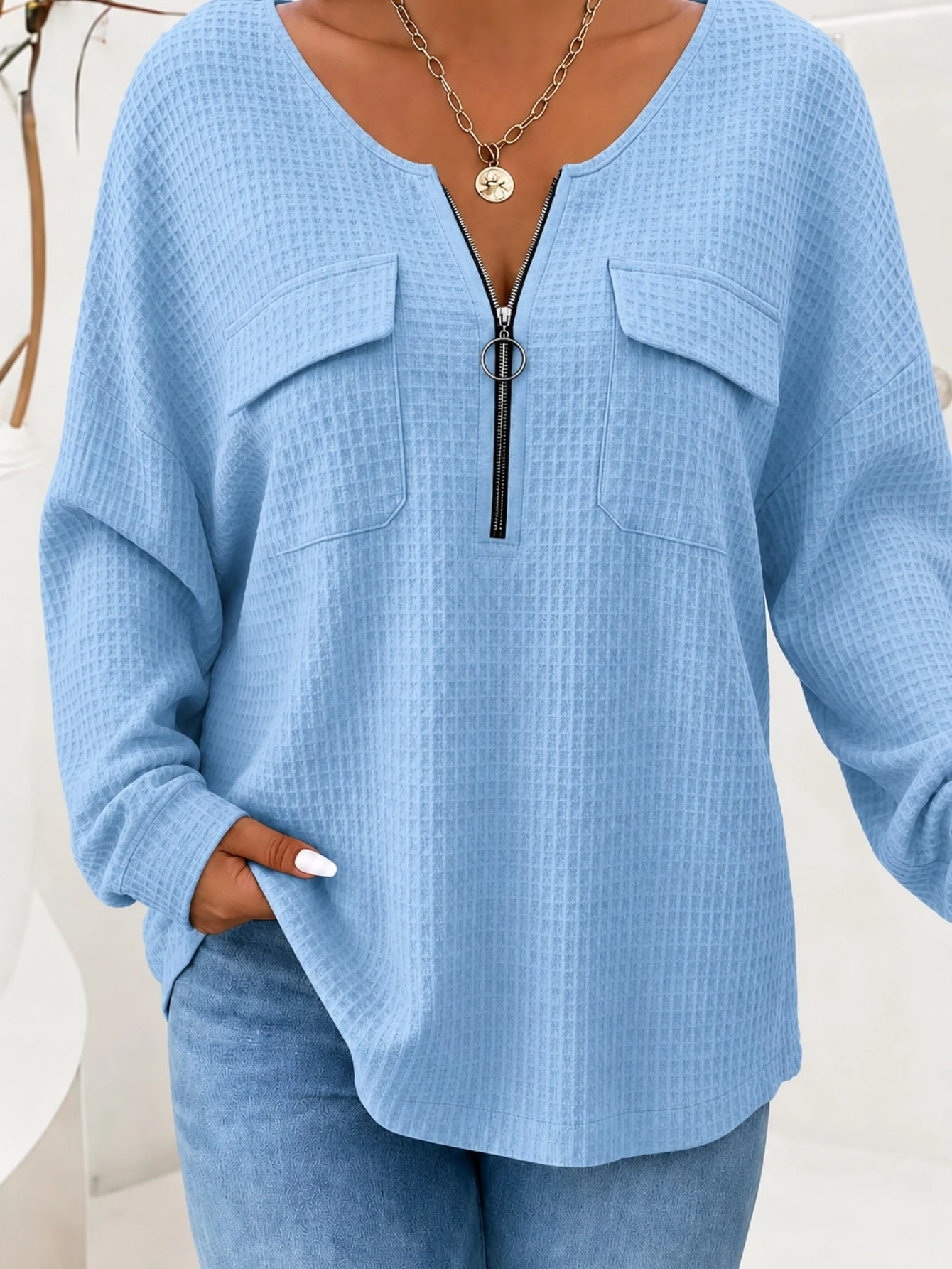 Einfarbiger Damen Pullover mit V-Ausschnitt