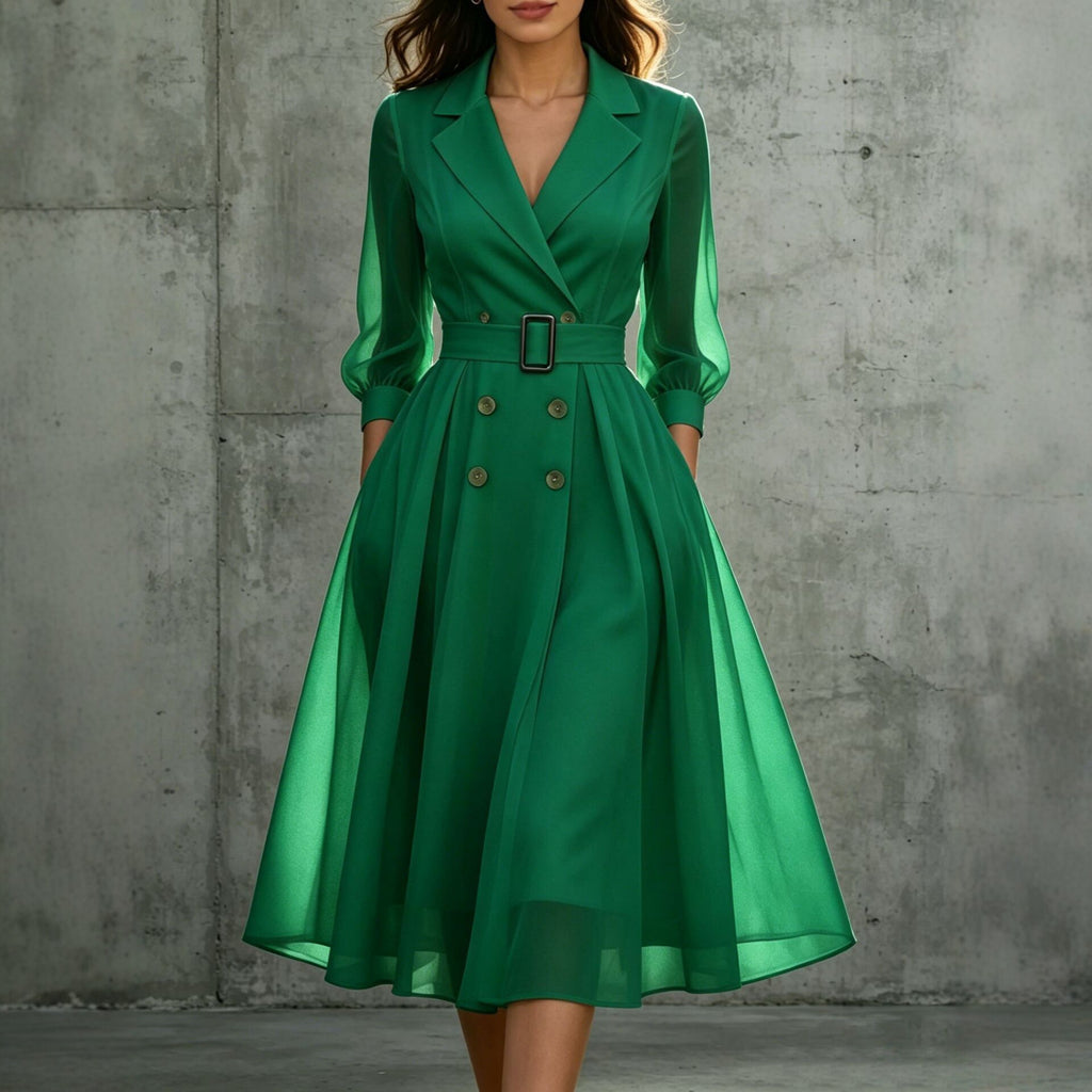 V-Ausschnitt Tailliertes Langarmkleid Damen