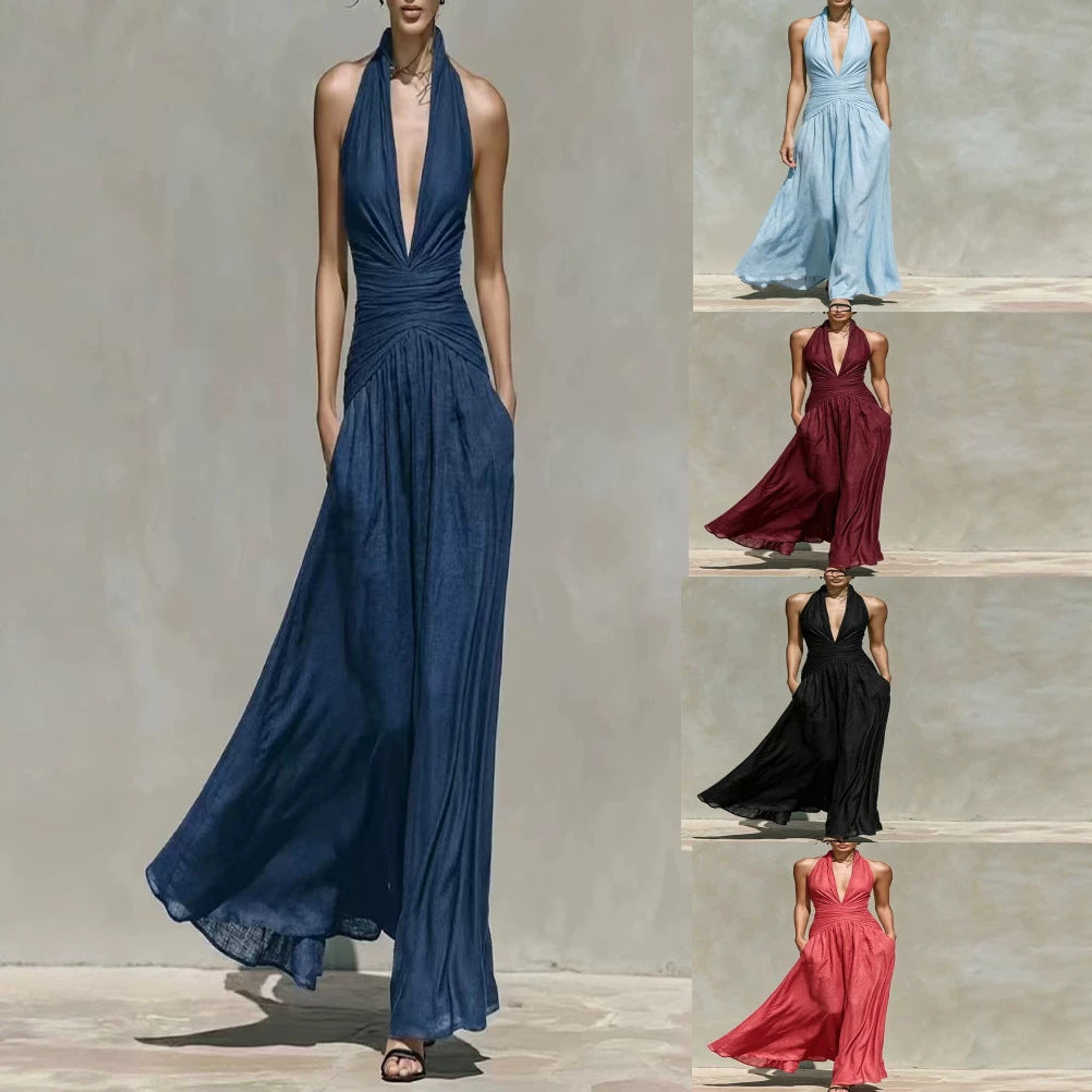 V-Ausschnitt Kleid, Taille betonend, slim-fit, weite Maxi-Rockschleppe