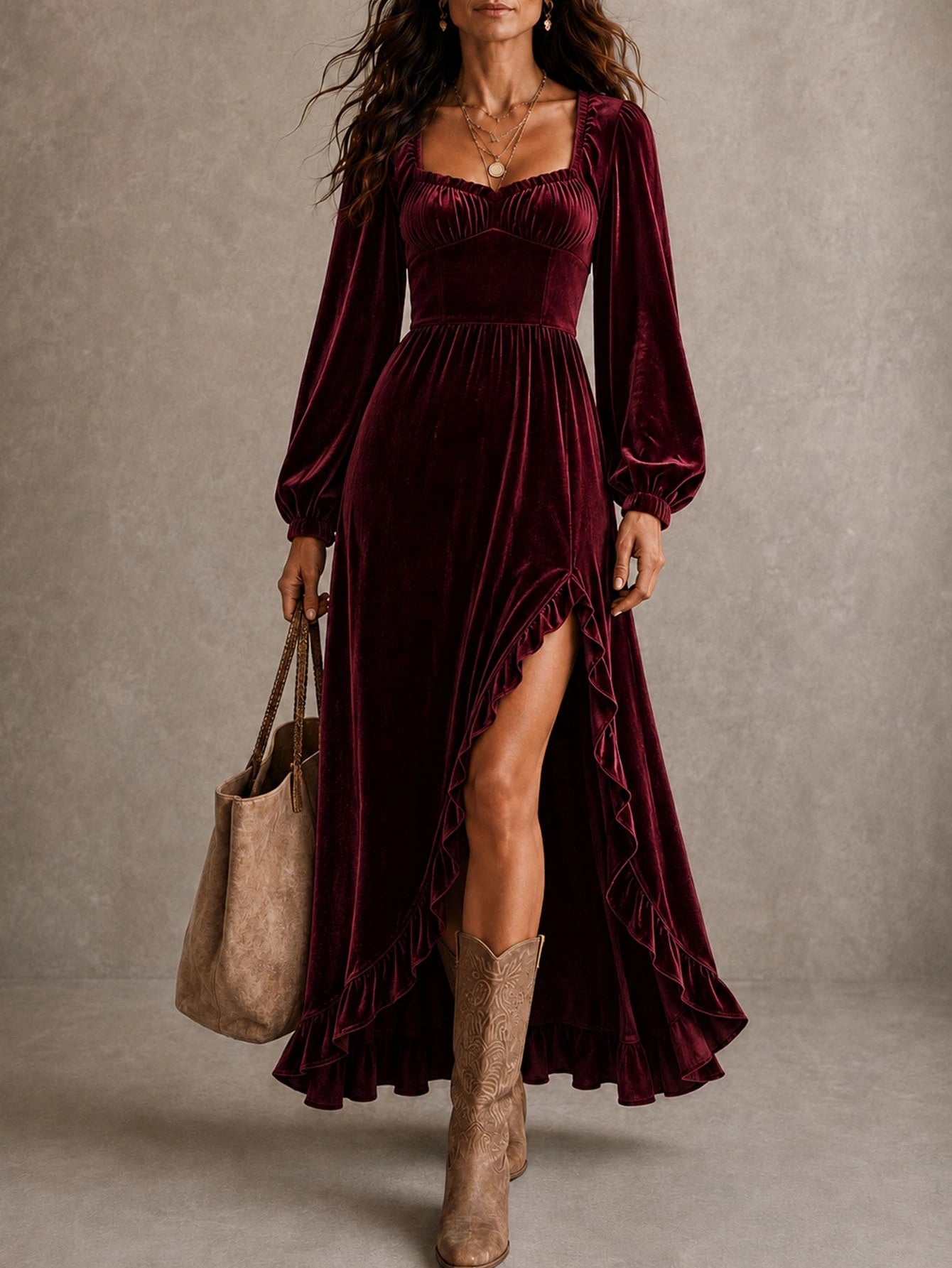 Langarm-Kleid mit hohem Schlitz