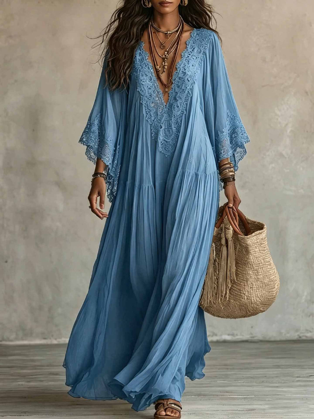 Spitzenkleid mit V-Ausschnitt & Fledermausärmeln – Bild 5 | LuxeStyle
