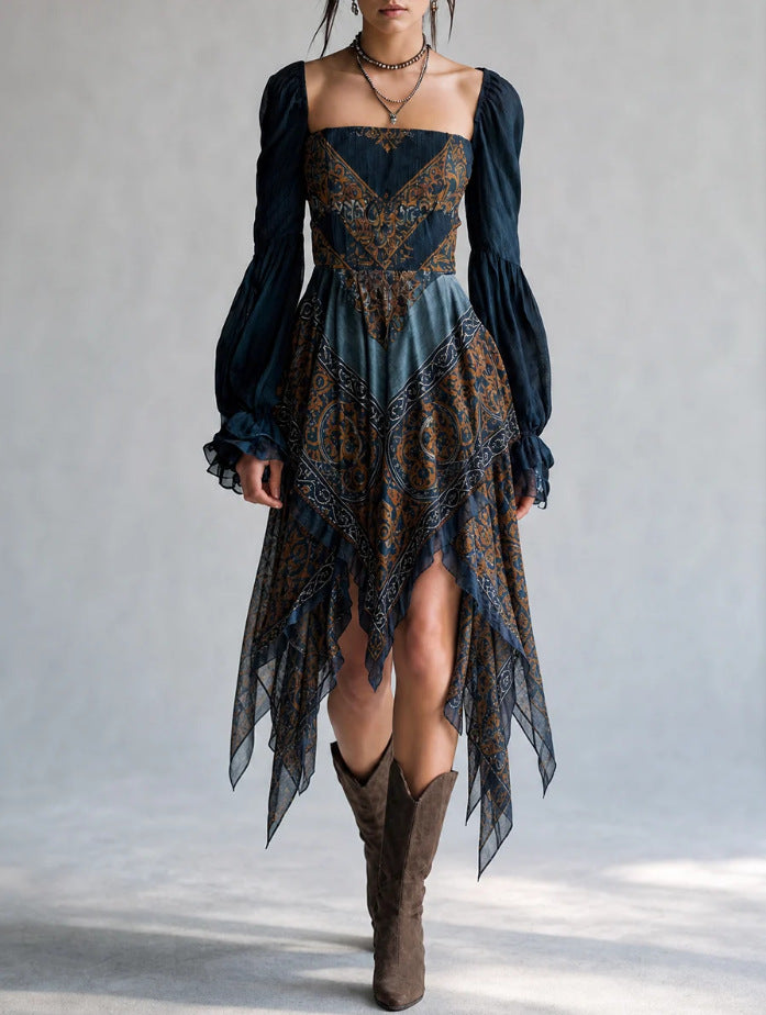 Mittelhohes, langärmliges Patchwork-Midikleid | LuxeStyle