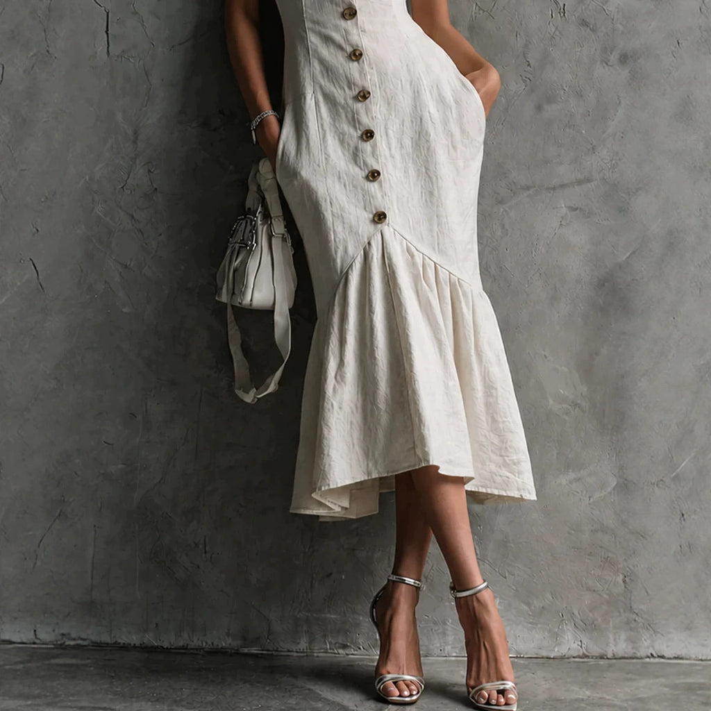 Langes Fishtail-Kleid mit Spitze und Knopfleiste – Bild 4 | LuxeStyle