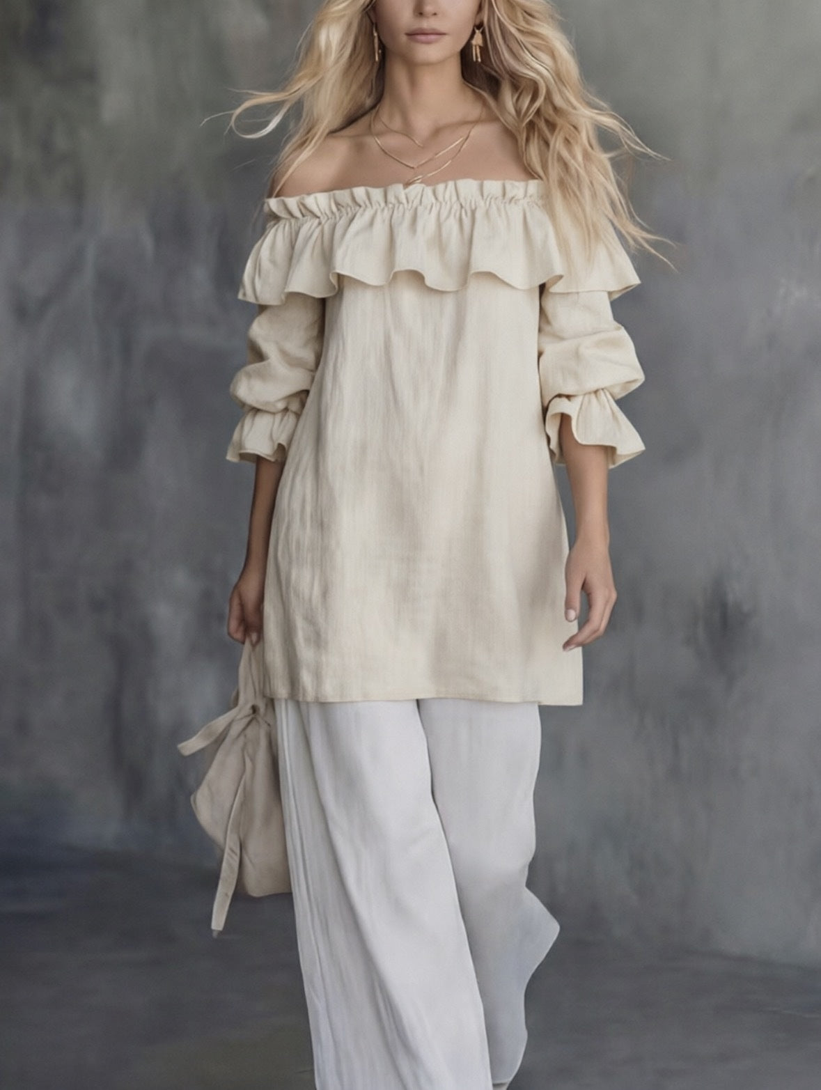 Ein-Shoulder-Gefältelter Bauschärmel-Weit-Hemd – Bild 4 | LuxeStyle