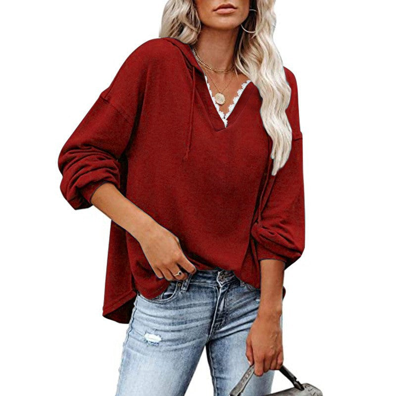Kapuzen-Sweatshirt mit V-Ausschnitt und Spitze