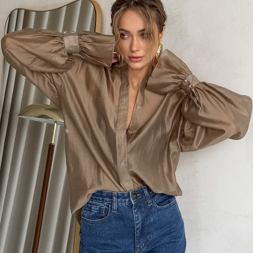 Khaki-Blau Sheer Langarmshirt für Damen | LuxeStyle