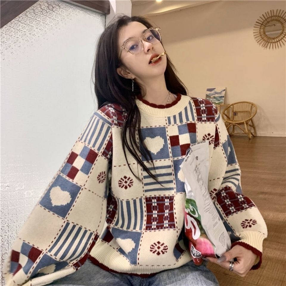 Japanischer Retro Color-Block Herz Pullover