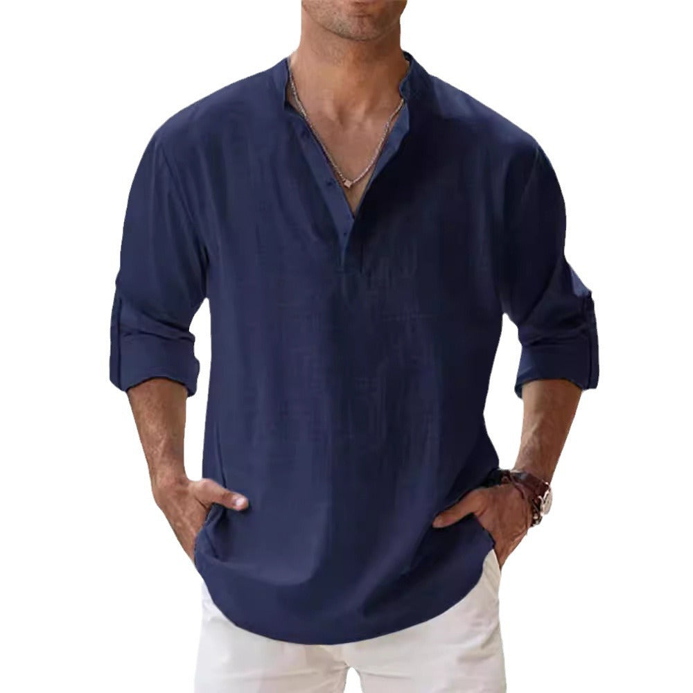 Männer-Linen-Long-Sleeve-Top mit Stand-Up-Hals – Bild 12 | LuxeStyle