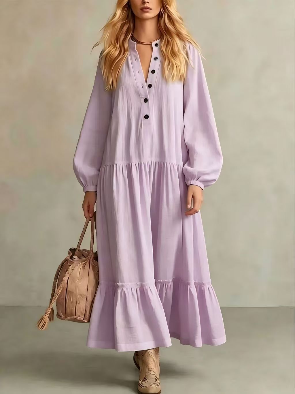 Langes Baumwoll-Leinenkleid mit Stehkragen – Bild 6 | LuxeStyle
