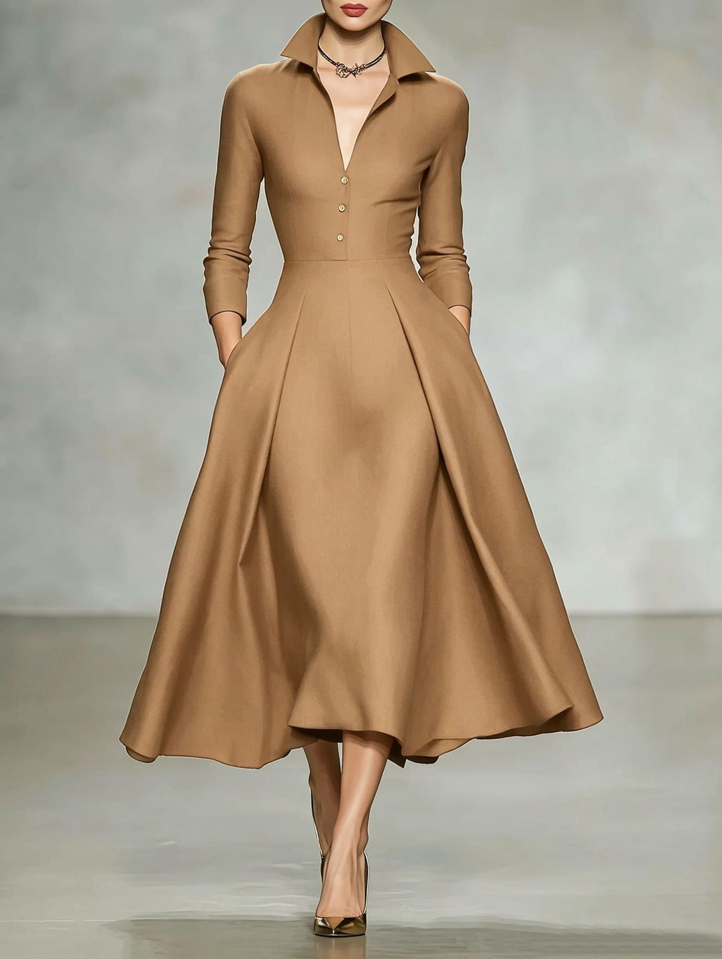 Tailliertes Langarm-Midikleid mit V-Ausschnitt
