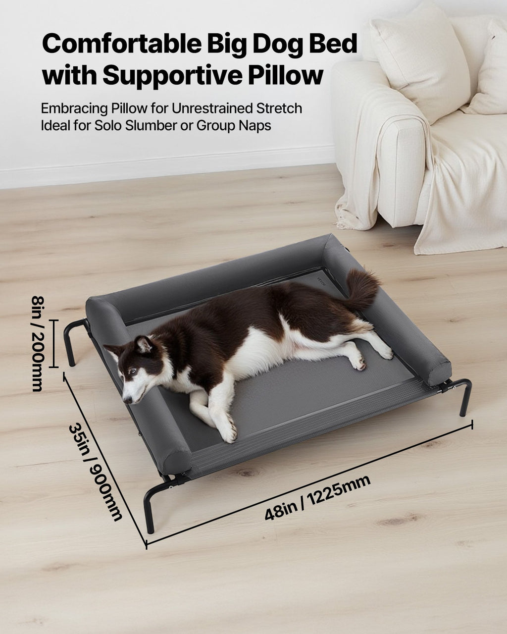 XL-Hundebett Hochliegend mit Kissen Grau