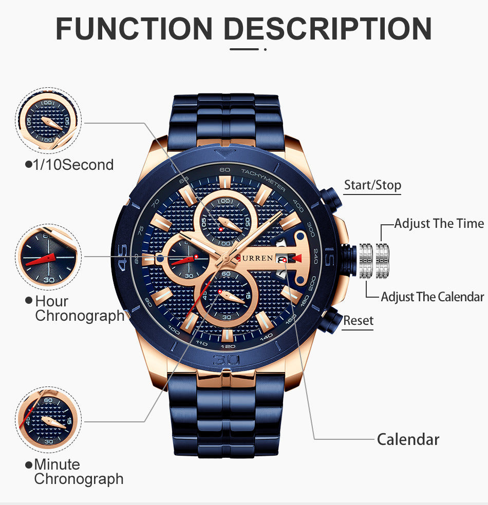 Multifunktions-Quarzuhr mit Lederarmband – Bild 2 | LuxeStyle