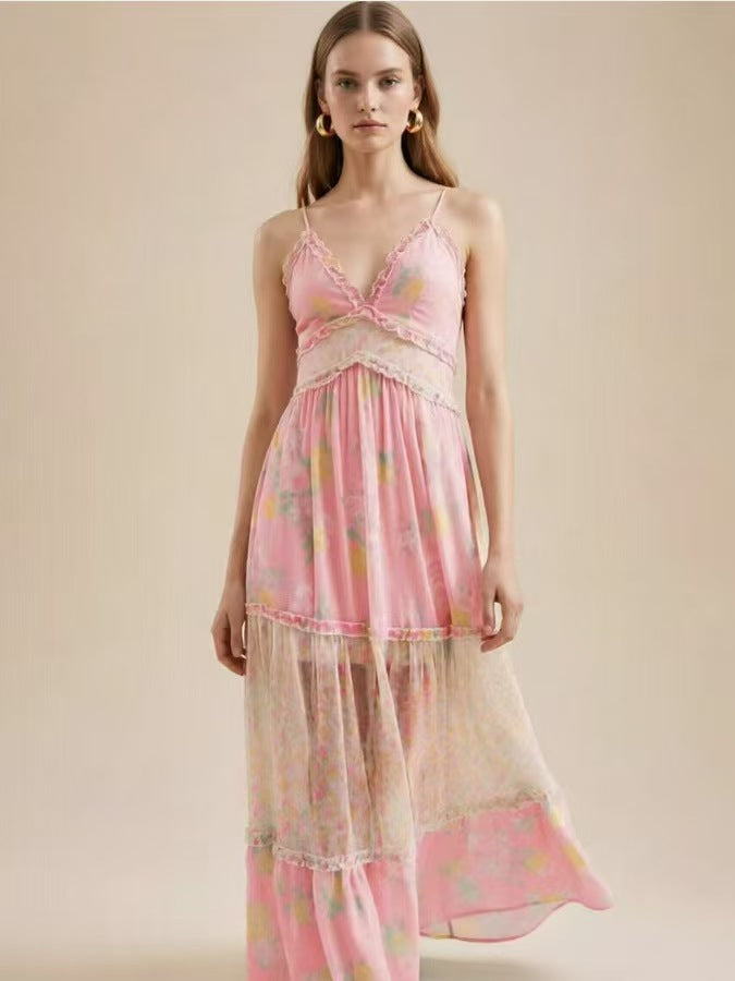 Geblümtes Chiffonkleid mit V-Ausschnitt