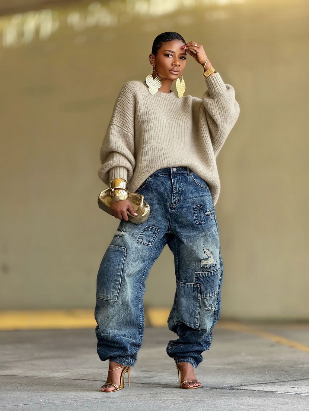 Distressed Patchwork Jeans im Street Style
