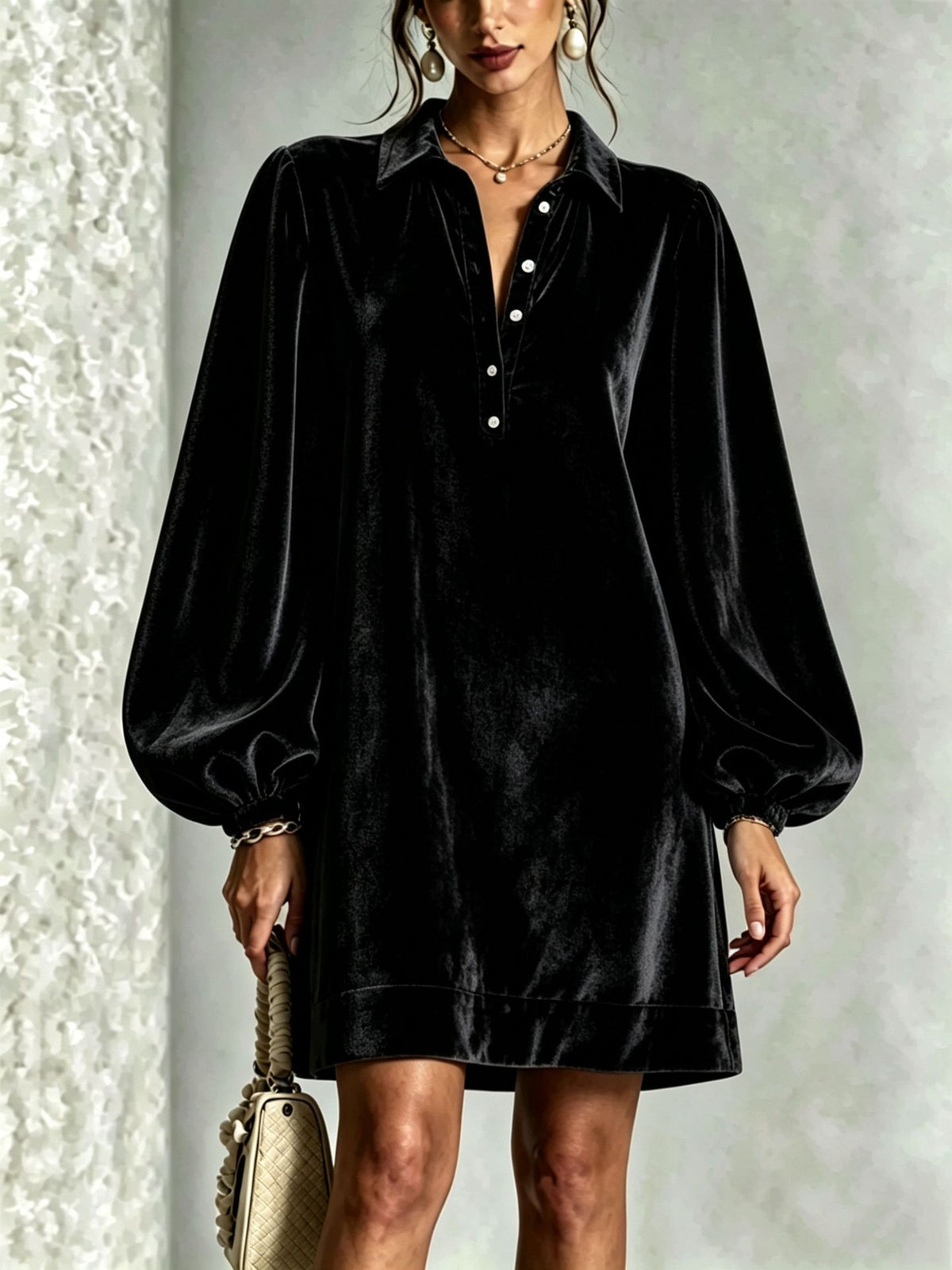 Elegantes Samtblusen-Kleid mit Laternenärmel – Bild 12 | LuxeStyle