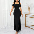 Elegantes Off-Shoulder Schlitzkleid Schwarz – Bild 6 | LuxeStyle