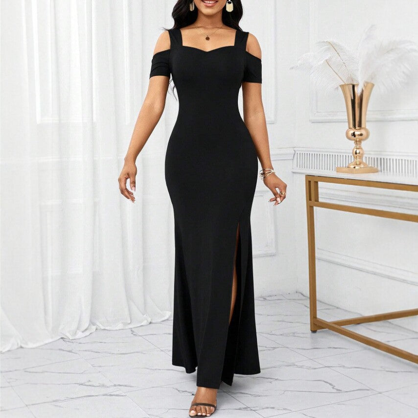 Elegantes Off-Shoulder Schlitzkleid Schwarz – Bild 6 | LuxeStyle
