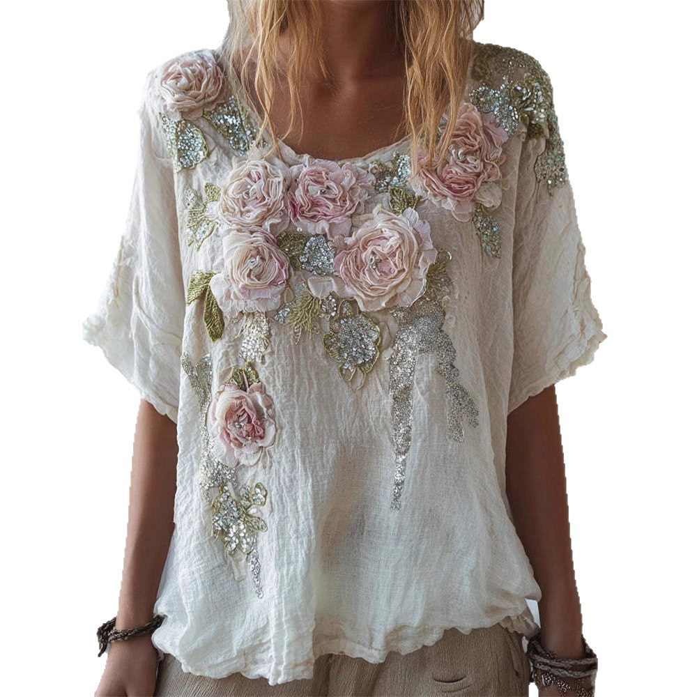 Kurzarm-Top mit Jacquard-Print und schräger Schulter