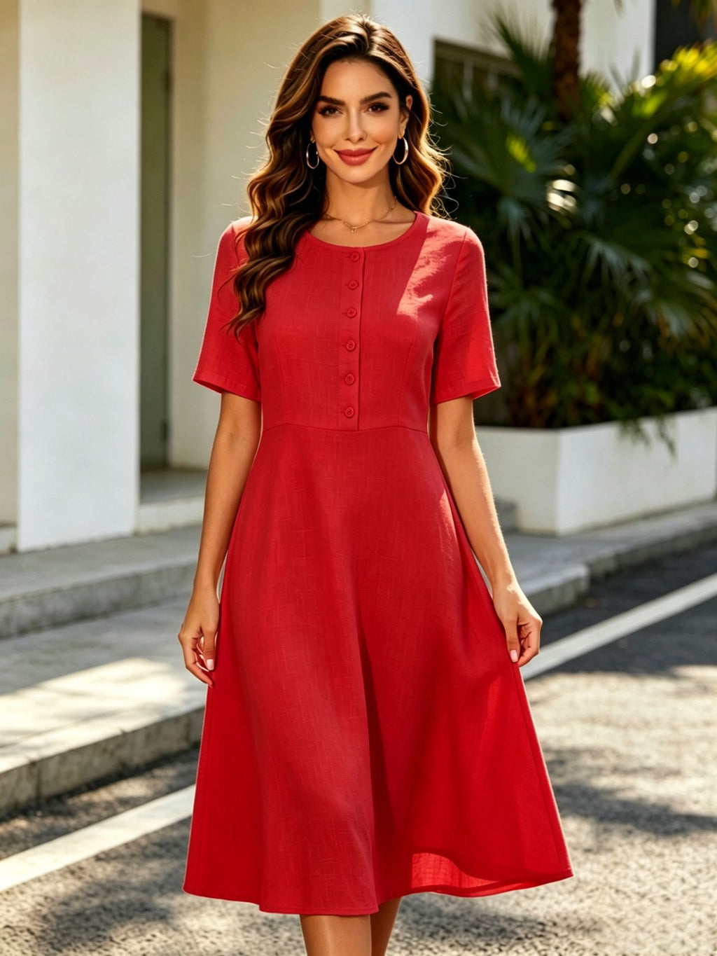 Elegantes A-Linien Midi-Kleid mit Knopfleiste – Bild 2 | LuxeStyle