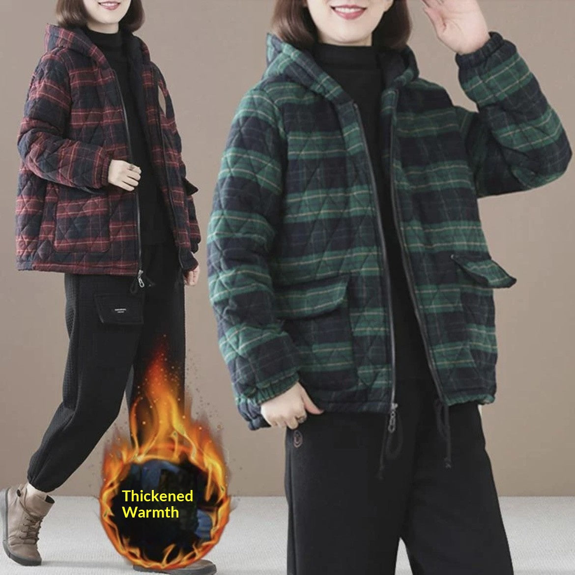 Kurze wattierte Jacke mit Karomuster