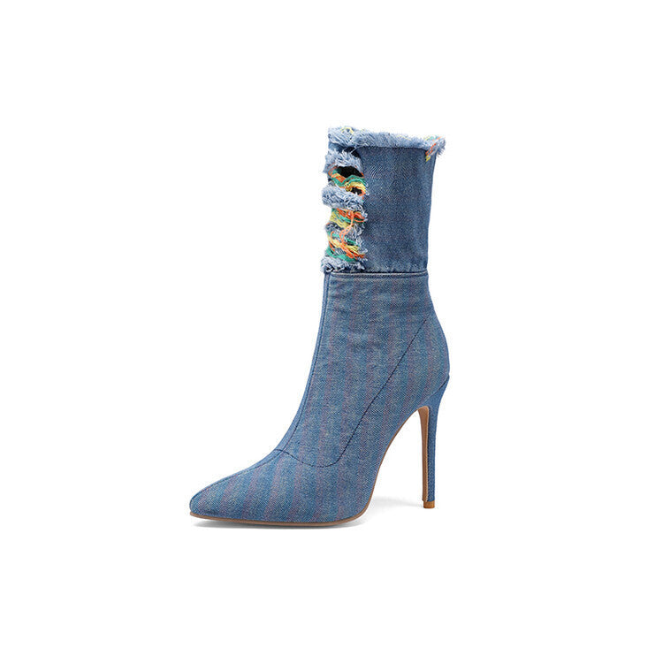 Wind Denim Mid-Calf Boots mit spitzer Zehe