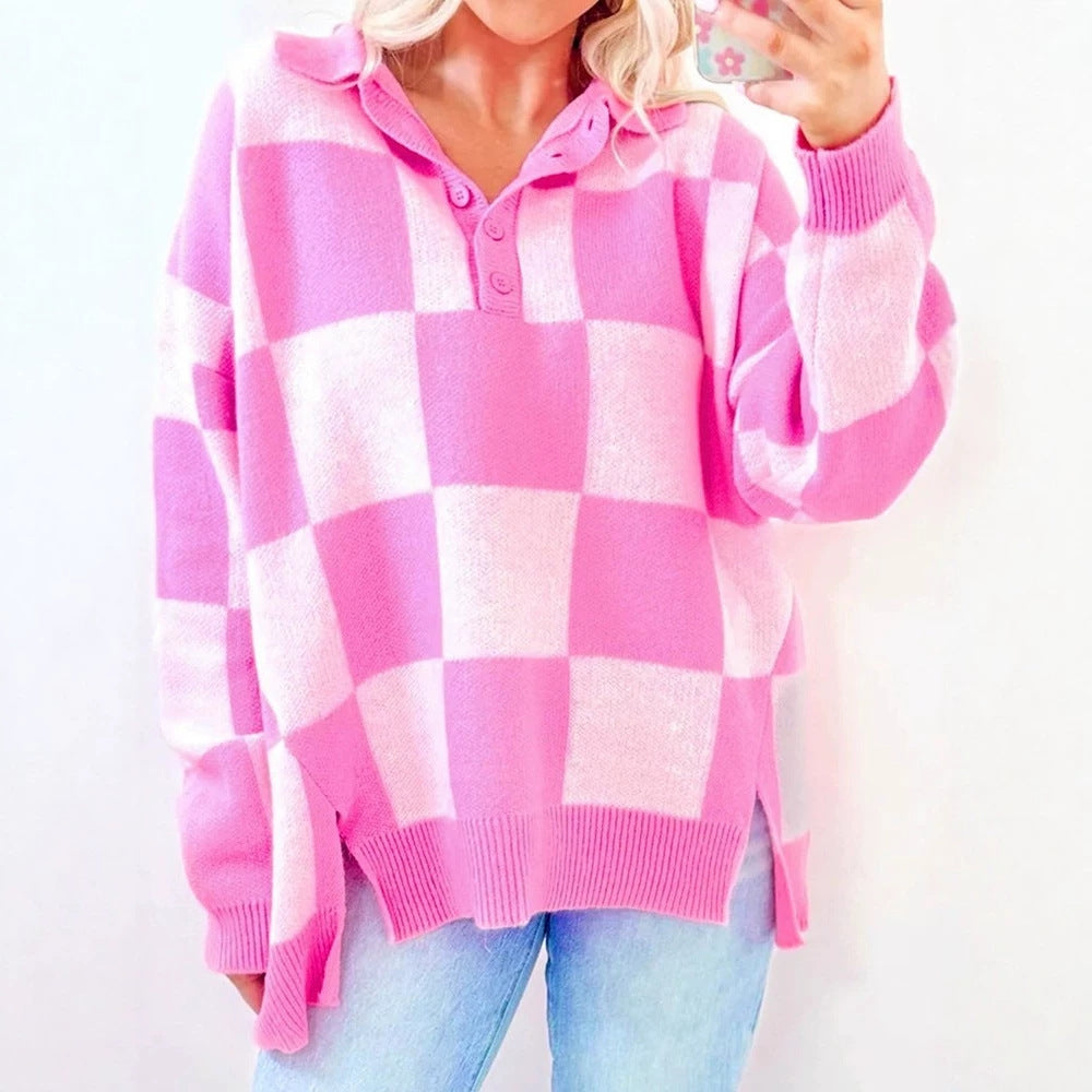 Halb-Knopf Pullover mit Patchwork-Karo