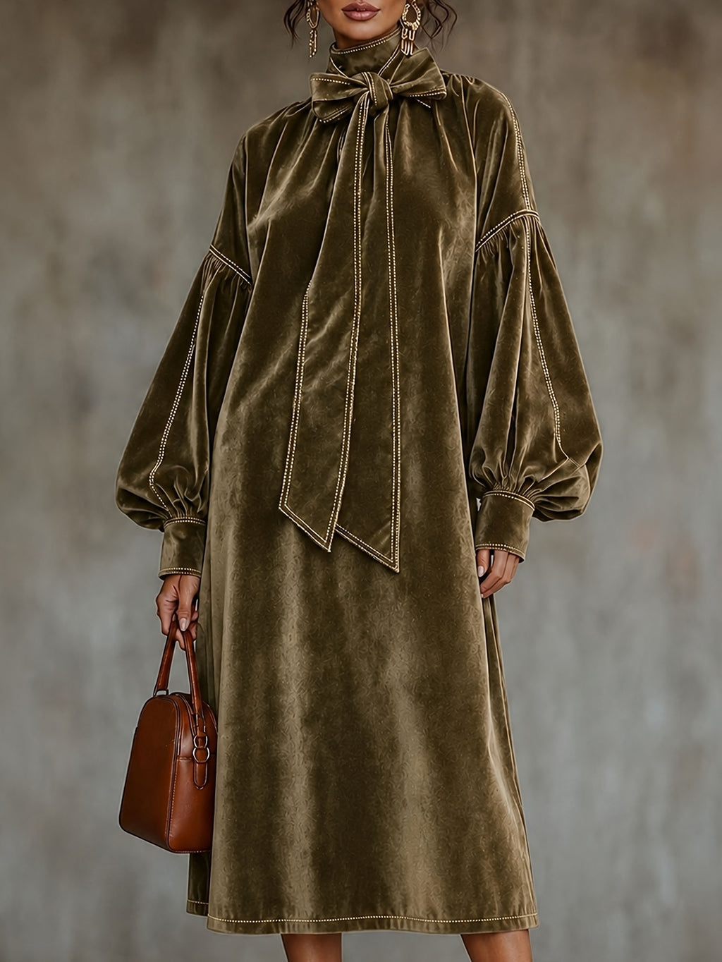 Samtkleid mit Schleife und hohem Kragen
