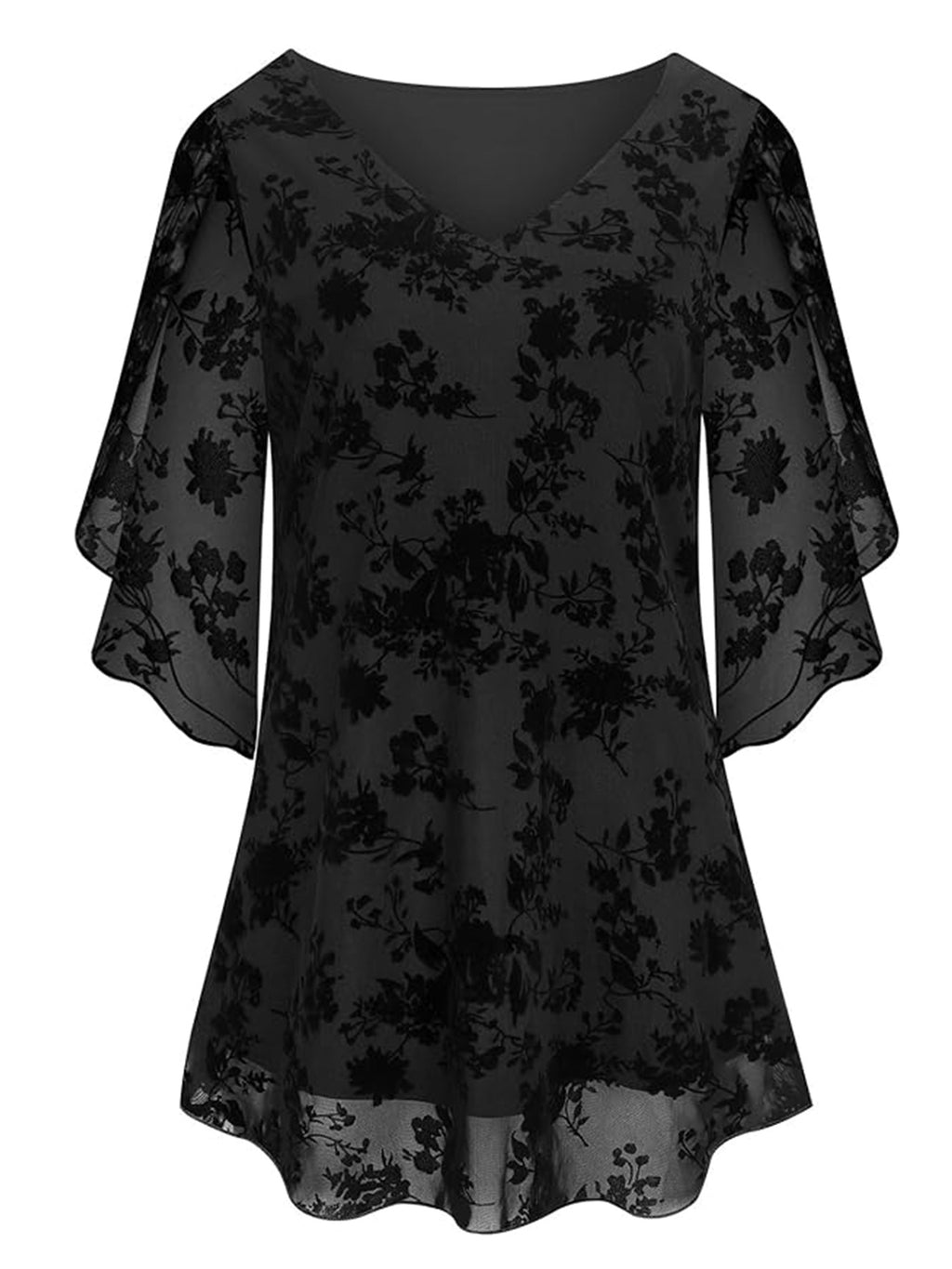 V-Neck Mesh Top mit 3/4-Ärmeln und Taillenschnürung