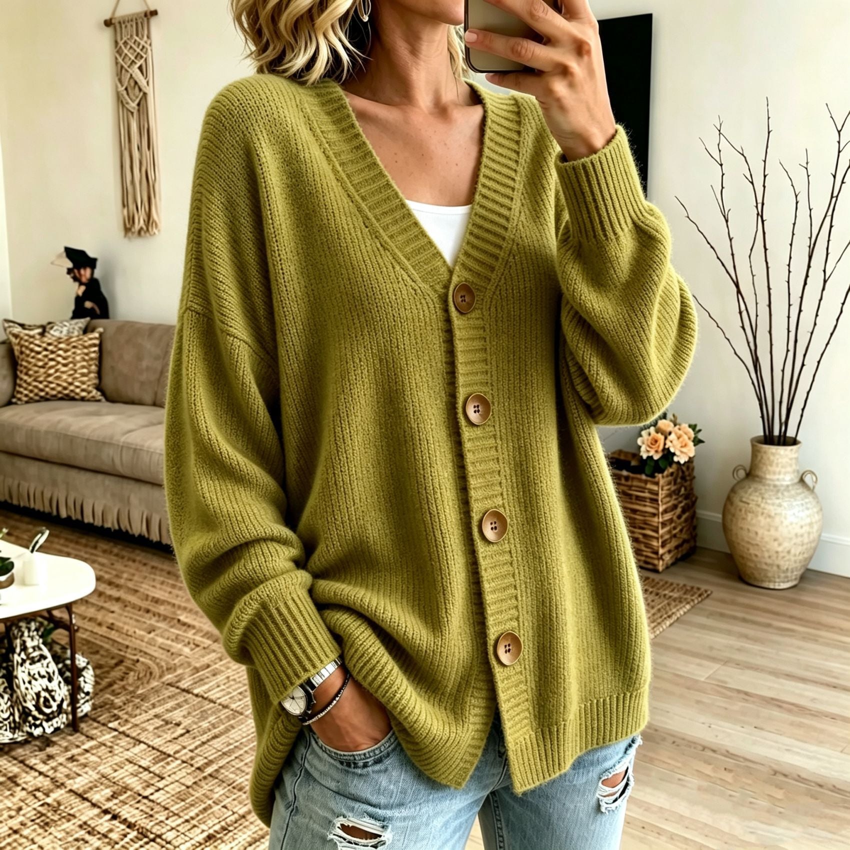 V-Neck Strick-Cardigan mit Knopfleiste