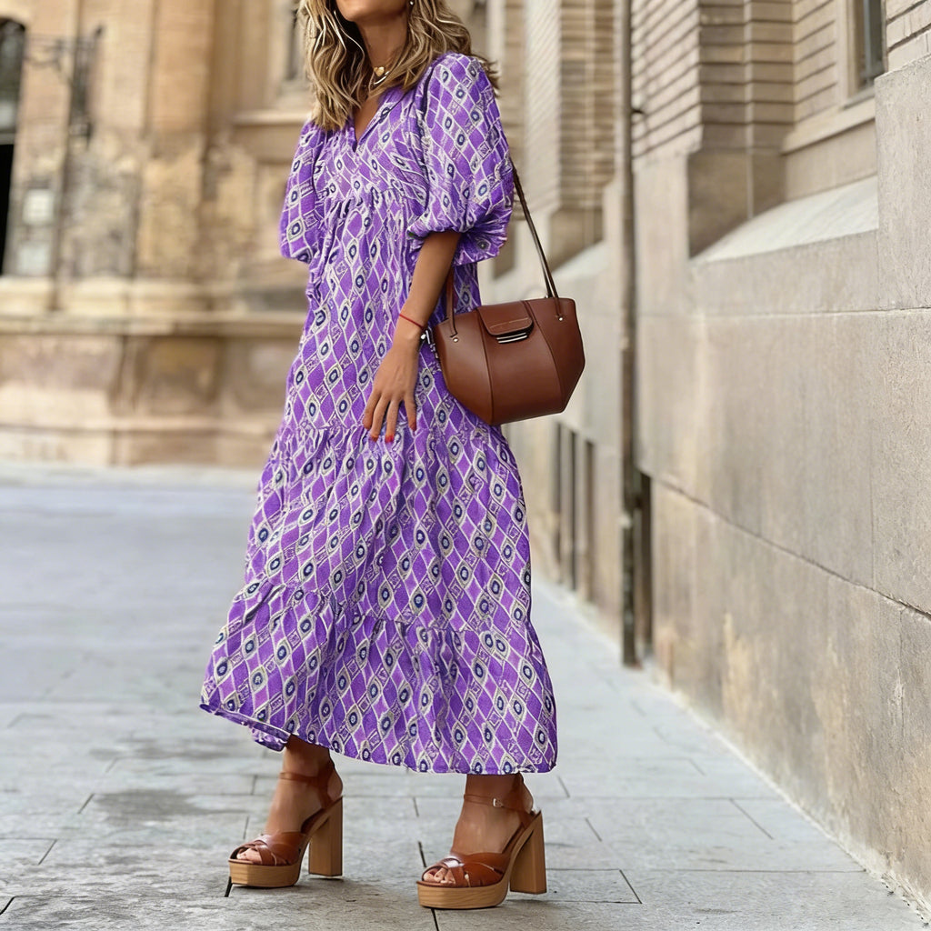 Langes Kleid mit Blumenmuster und Puffärmeln